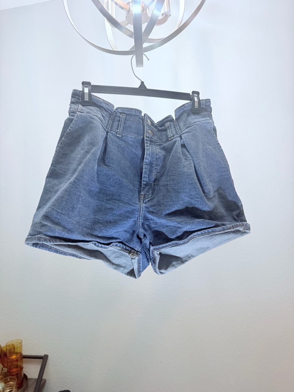 High-Waist Express Paperbag Blue Denim Shorts